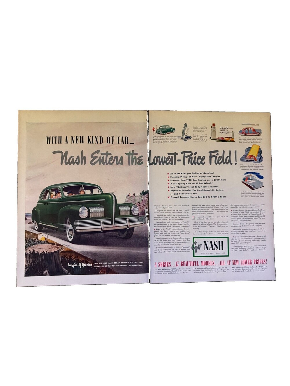 1940 Nash Print Ad Green American Automobile Classic Car Vintage Retro Wagon